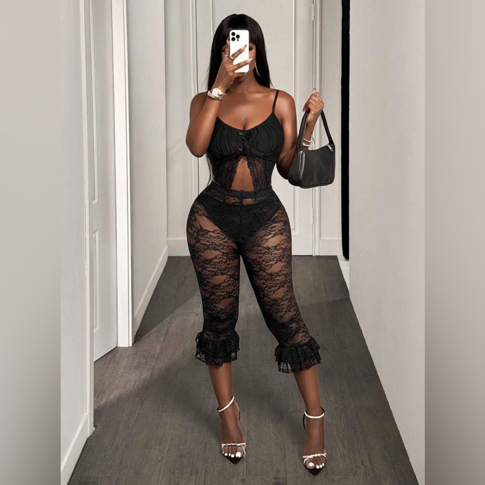 Ruffle Black Lace Cropped Pants